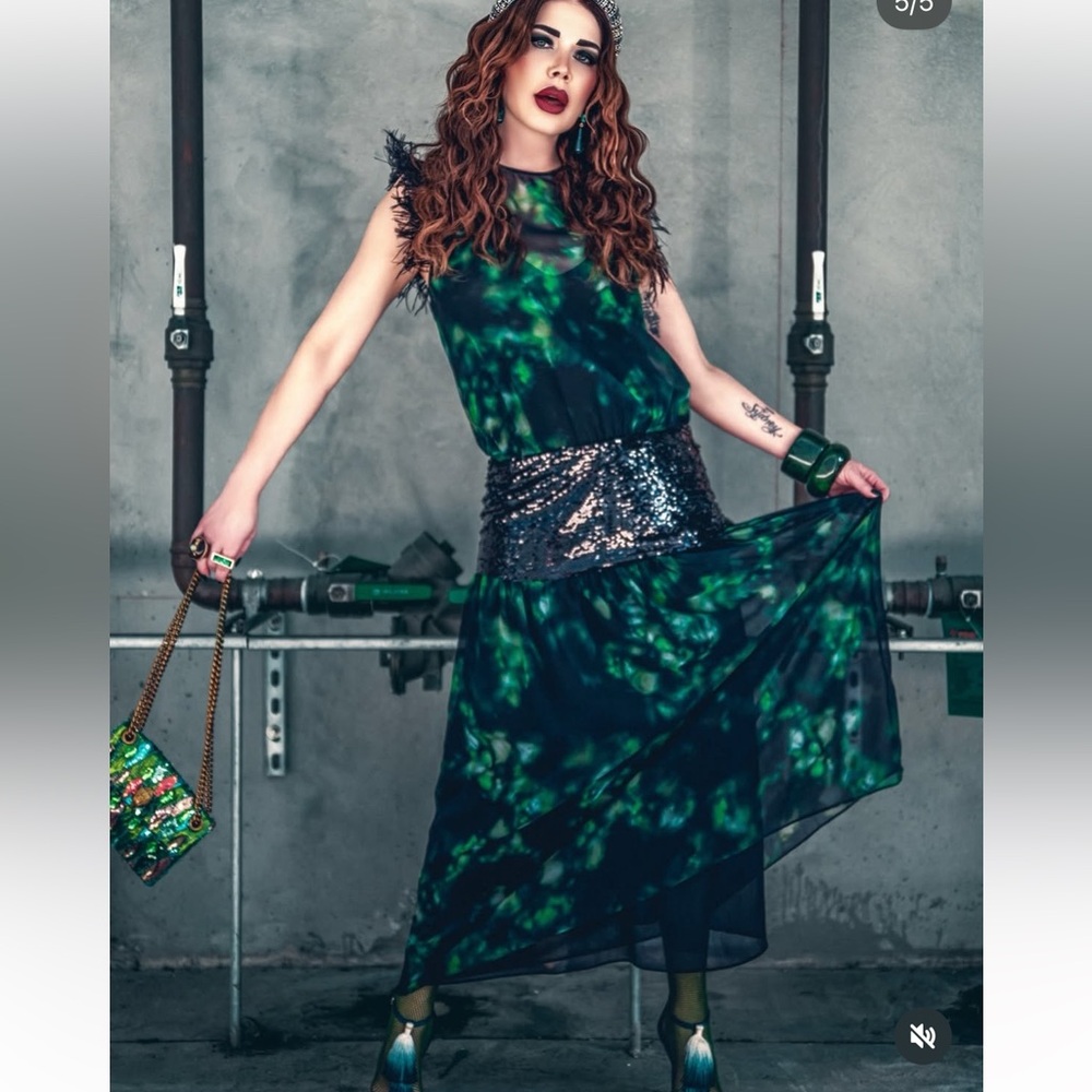 Zara Limited Combination Printed Maxi Dress Green Feather Sequin Evening Med NWT - Picture 6 of 17